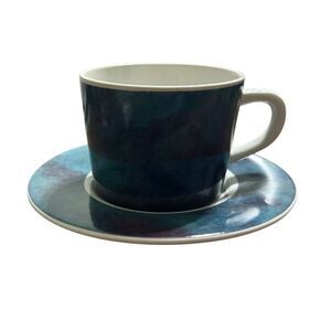 Vintage Stoneware Japan Blue Purple Abstract Tea Cup & Saucer Set